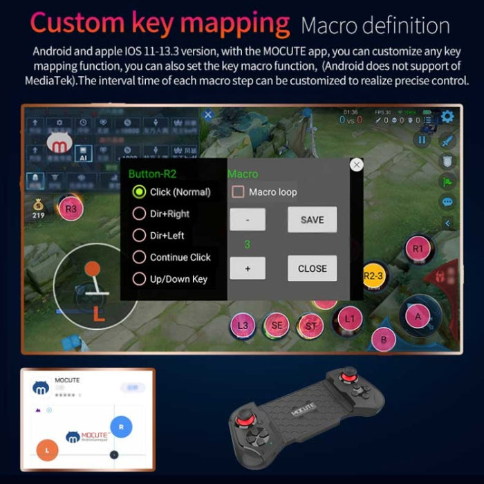 MOCUTE 060 Stretch Dual Joystick Bluetooth Gamepad para Android e iOS