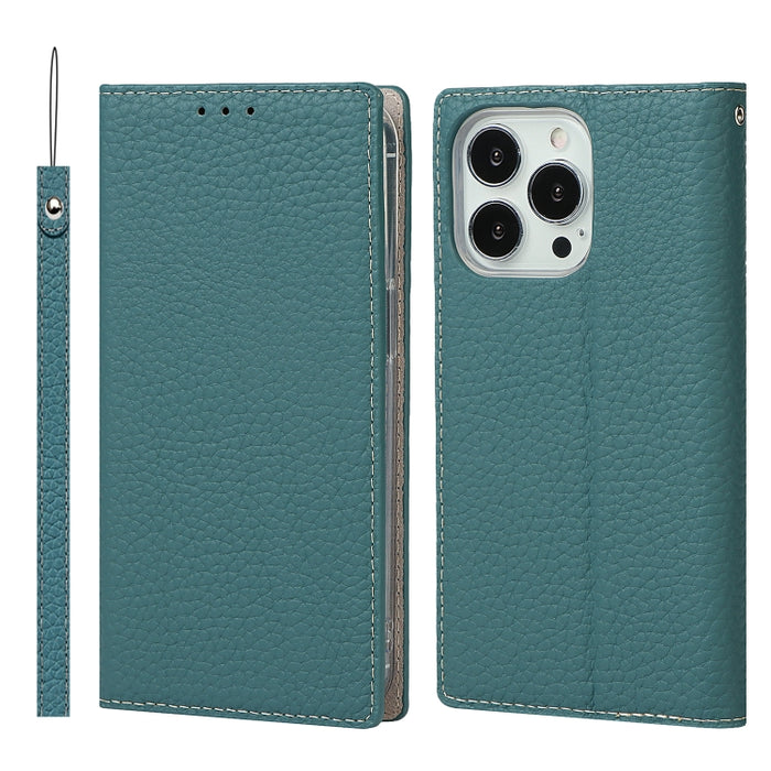 Estuche para teléfono de cuero con textura de litchi con cordón y soporte y ranuras para tarjetas y billetera