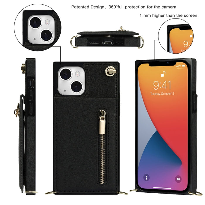 Estuche para teléfono cuadrado con cremallera cruzada con soporte, For iPhone 13 mini, For iPhone 13, For iPhone 13 Pro, For iPhone 13 Pro Max