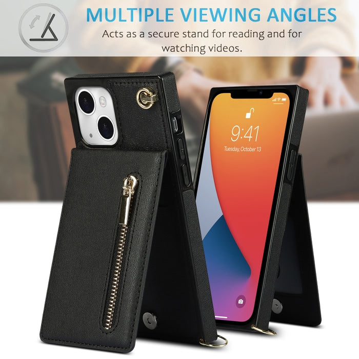 Estuche para teléfono cuadrado con cremallera cruzada con soporte, For iPhone 13 mini, For iPhone 13, For iPhone 13 Pro, For iPhone 13 Pro Max