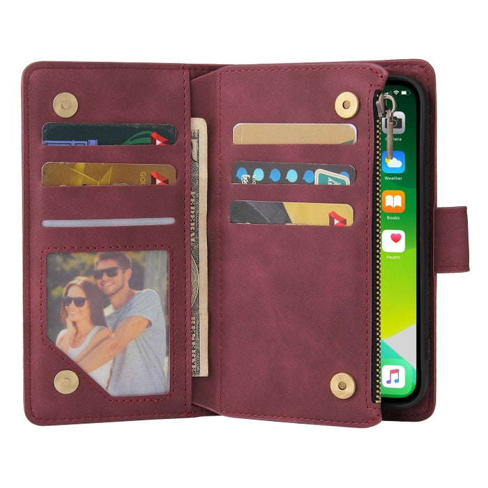 Estuche de cuero para teléfono multifuncional con ranura para tarjeta y soporte y billetera con cremallera y marco de fotos