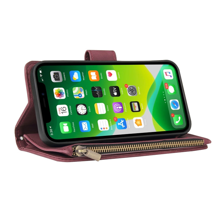 Estuche de cuero para teléfono multifuncional con ranura para tarjeta y soporte y billetera con cremallera y marco de fotos