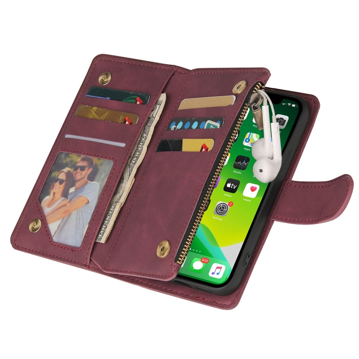 Estuche de cuero para teléfono multifuncional con ranura para tarjeta y soporte y billetera con cremallera y marco de fotos