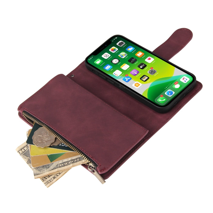 Estuche de cuero para teléfono multifuncional con ranura para tarjeta y soporte y billetera con cremallera y marco de fotos