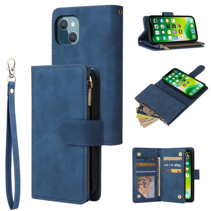 Estuche de cuero para teléfono multifuncional con ranura para tarjeta y soporte y billetera con cremallera y marco de fotos