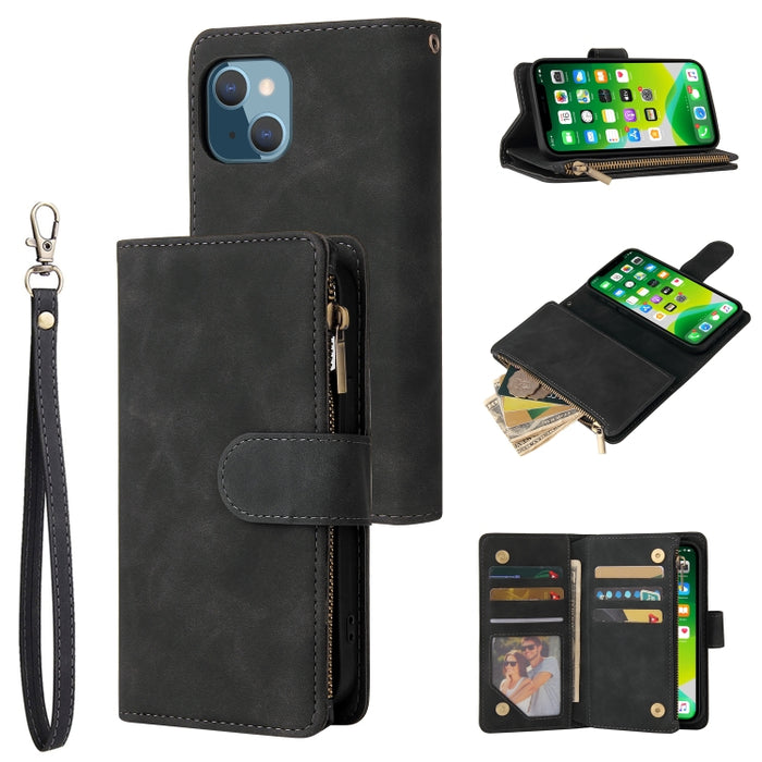 Estuche de cuero para teléfono multifuncional con ranura para tarjeta y soporte y billetera con cremallera y marco de fotos