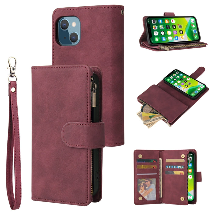 Estuche de cuero para teléfono multifuncional con ranura para tarjeta y soporte y billetera con cremallera y marco de fotos