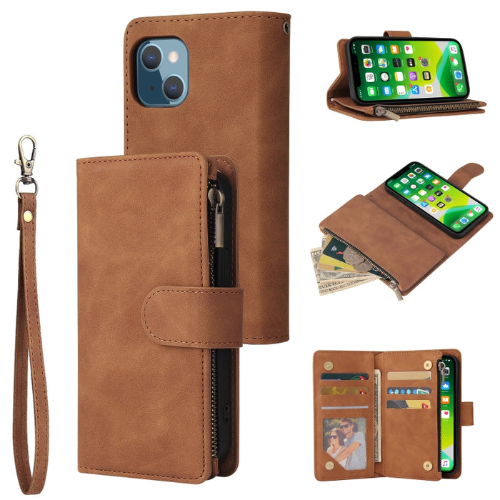 Estuche de cuero para teléfono multifuncional con ranura para tarjeta y soporte y billetera con cremallera y marco de fotos