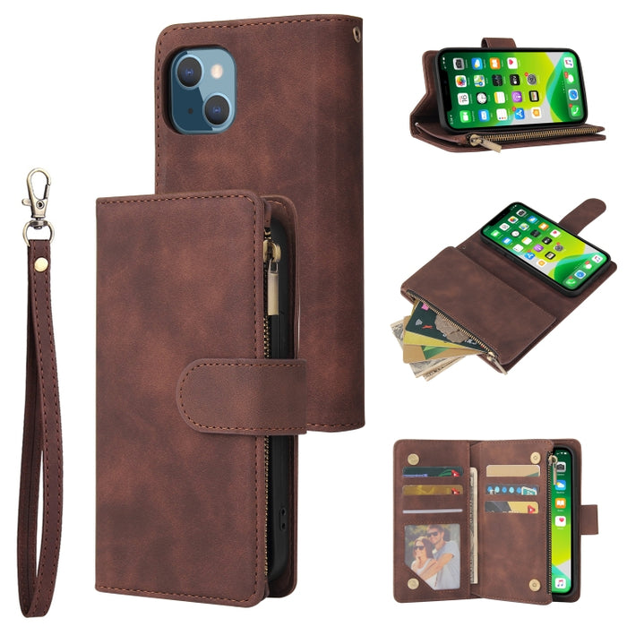 Estuche de cuero para teléfono multifuncional con ranura para tarjeta y soporte y billetera con cremallera y marco de fotos