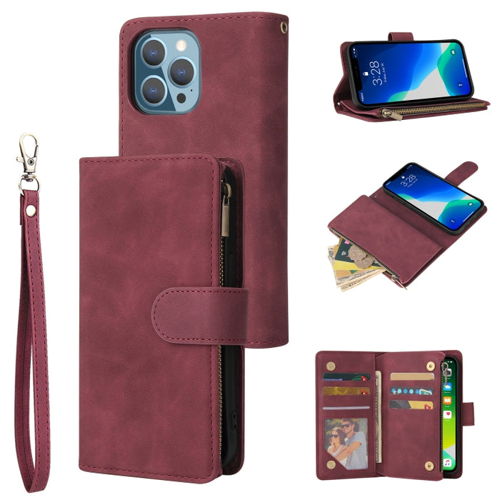 Estuche de cuero para teléfono multifuncional con ranura para tarjeta y soporte y billetera con cremallera y marco de fotos