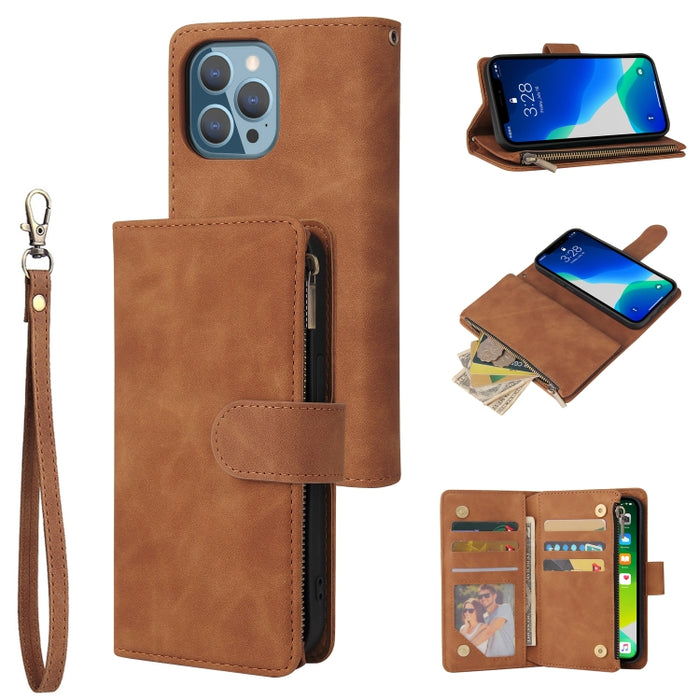 Estuche de cuero para teléfono multifuncional con ranura para tarjeta y soporte y billetera con cremallera y marco de fotos