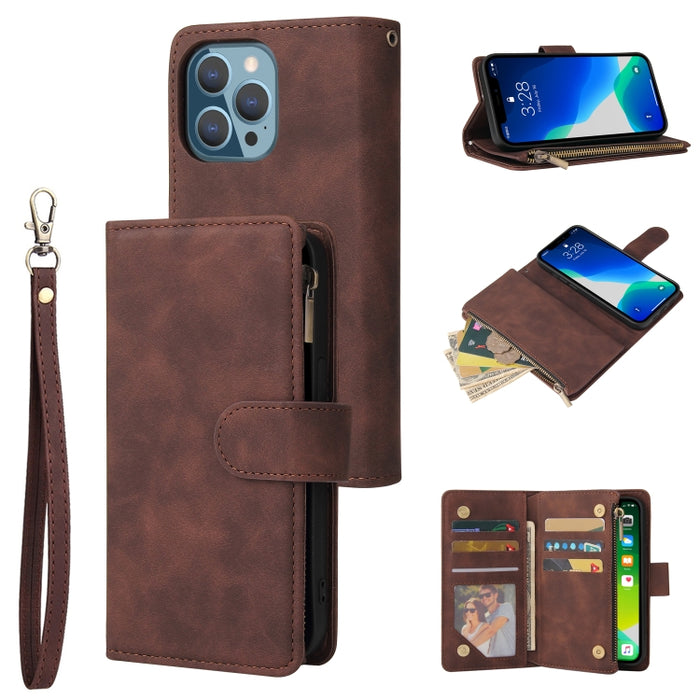 Estuche de cuero para teléfono multifuncional con ranura para tarjeta y soporte y billetera con cremallera y marco de fotos