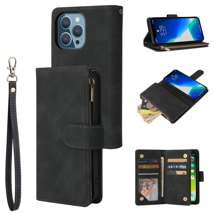 Estuche de cuero para teléfono multifuncional con ranura para tarjeta y soporte y billetera con cremallera y marco de fotos