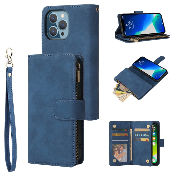 Estuche de cuero para teléfono multifuncional con ranura para tarjeta y soporte y billetera con cremallera y marco de fotos