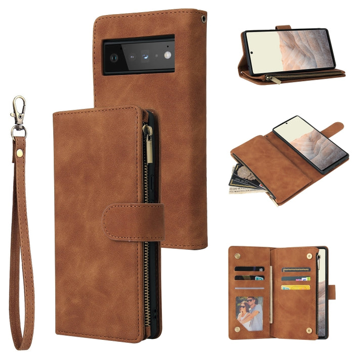 Estuche de cuero para teléfono multifuncional con ranura para tarjeta y soporte y billetera con cremallera y marco de fotos, For Xiaomi Redmi Note 9 4G, For Google Pixel 5a 5G, For Google Pixel 6 Pro, For Samsung Galaxy S22 5G