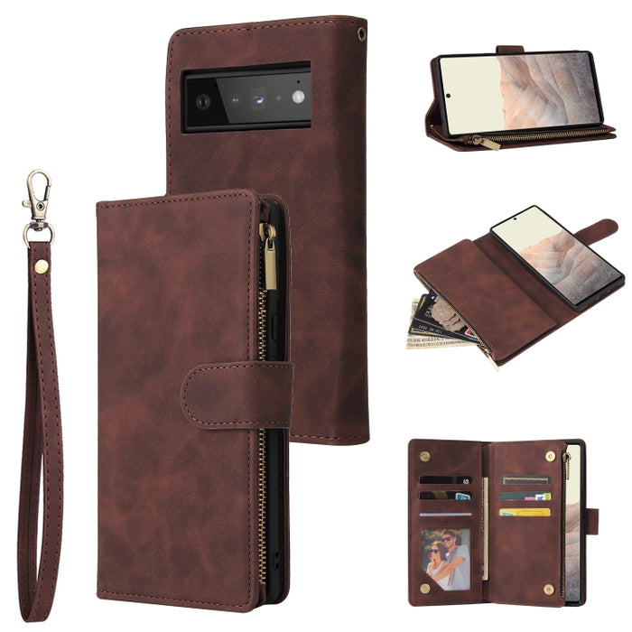 Estuche de cuero para teléfono multifuncional con ranura para tarjeta y soporte y billetera con cremallera y marco de fotos, For Xiaomi Redmi Note 9 4G, For Google Pixel 5a 5G, For Google Pixel 6 Pro, For Samsung Galaxy S22 5G