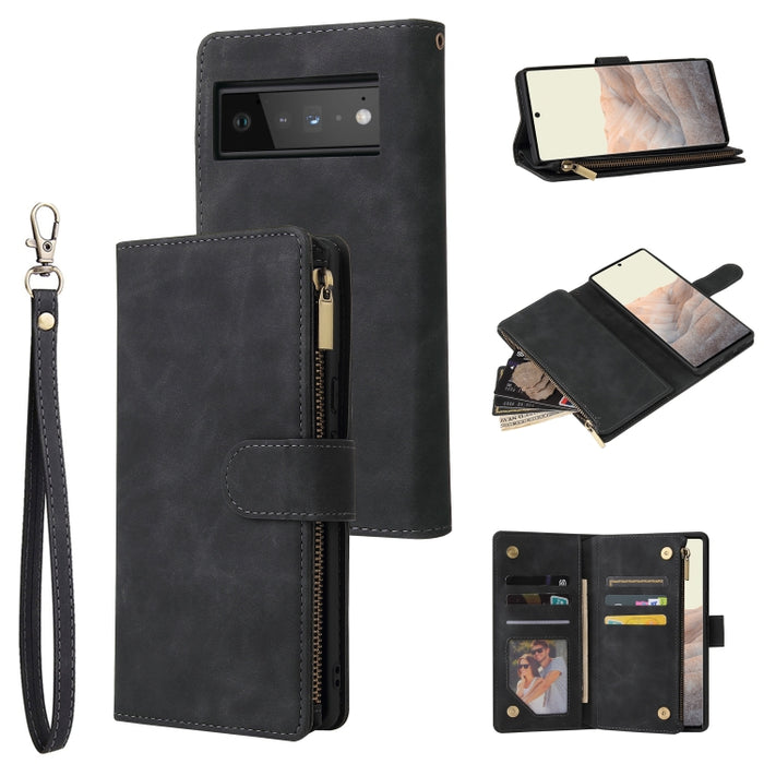 Estuche de cuero para teléfono multifuncional con ranura para tarjeta y soporte y billetera con cremallera y marco de fotos, For Xiaomi Redmi Note 9 4G, For Google Pixel 5a 5G, For Google Pixel 6 Pro, For Samsung Galaxy S22 5G