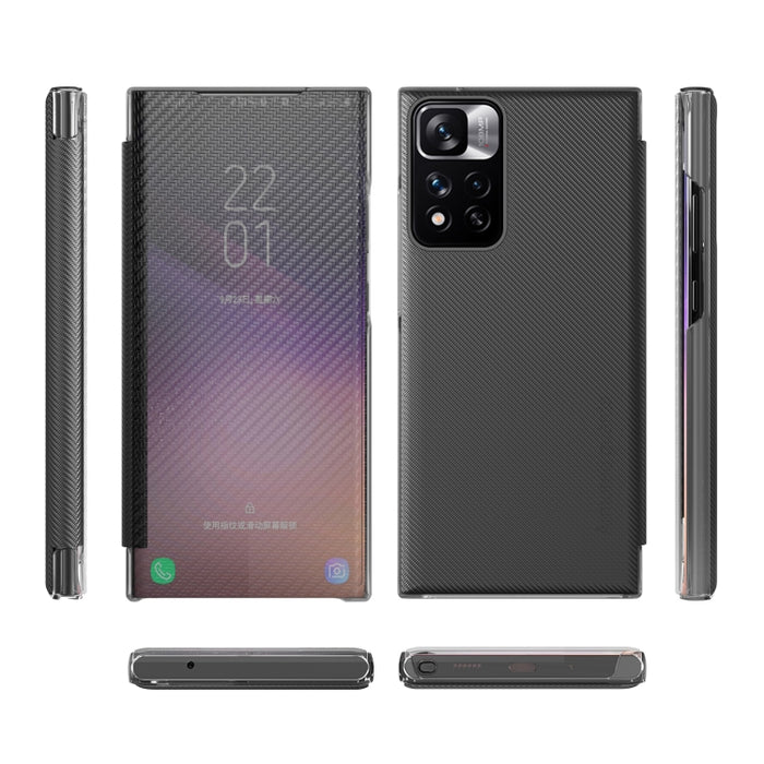 Estuche para teléfono de cuero View Time de fibra de carbono, For Samsung Galaxy S22 5G, For Samsung Galaxy S22+ 5G, For Samsung Galaxy S22 Ultra 5G, For Xiaomi Redmi Note 11 5G, For Xiaomi Redmi Note 11 Pro 5G