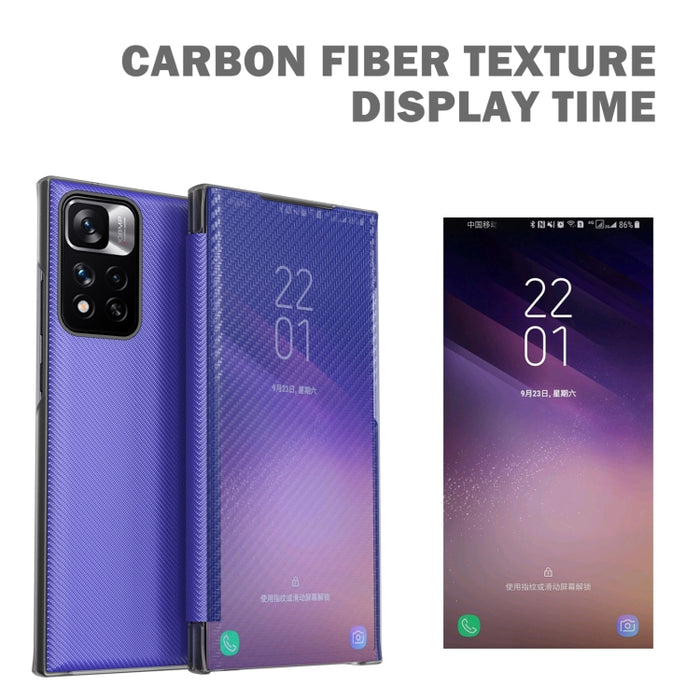 Estuche para teléfono de cuero View Time de fibra de carbono, For Samsung Galaxy S22 5G, For Samsung Galaxy S22+ 5G, For Samsung Galaxy S22 Ultra 5G, For Xiaomi Redmi Note 11 5G, For Xiaomi Redmi Note 11 Pro 5G