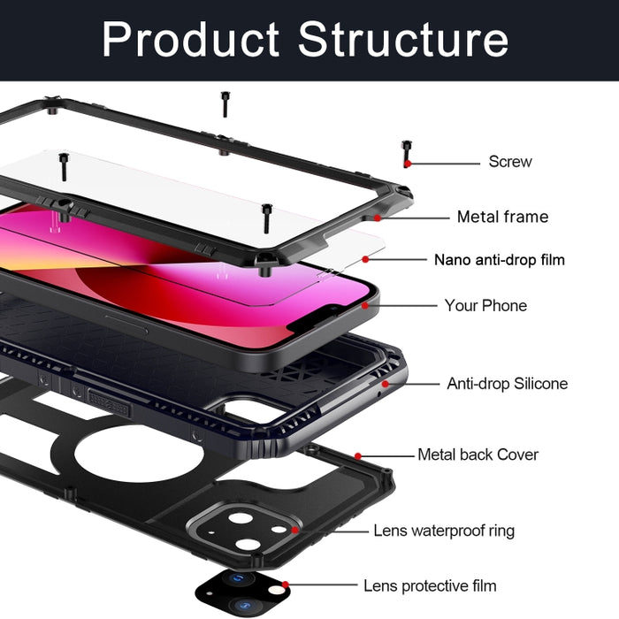 Caja de teléfono de silicona + metal a prueba de agua a prueba de golpes con protector de pantalla