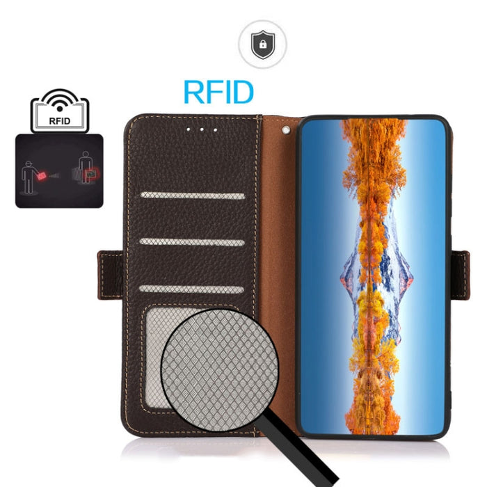 KHAZNEH Side-Magnetic Litchi Genuine Leather RFID Phone Case, For Xiaomi Mi 11 Lite 5G / Mi 11 Lite, For Xiaomi Mi 11, For Xiaomi Mi 11T / Mi 11T Pro, For Xiaomi Redmi Note 10 5G, For Xiaomi Redmi Note 10 Pro, For Xiaomi Redmi K40 Pro / Poco F3        ...