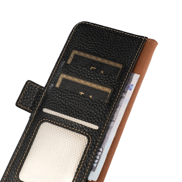 Estuche RFID de cuero genuino Litchi magnético lateral KHAZNEH