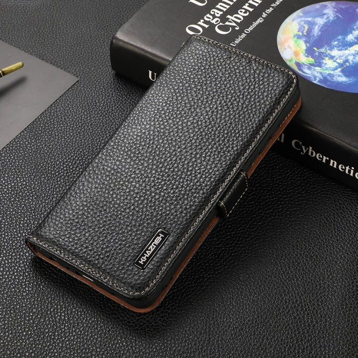 Estuche RFID de cuero genuino Litchi magnético lateral KHAZNEH