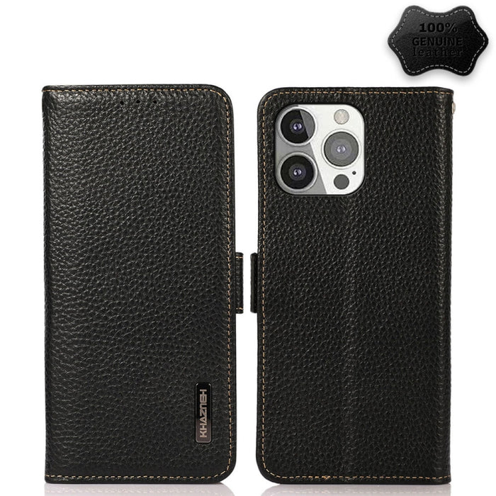 Estuche RFID de cuero genuino Litchi magnético lateral KHAZNEH