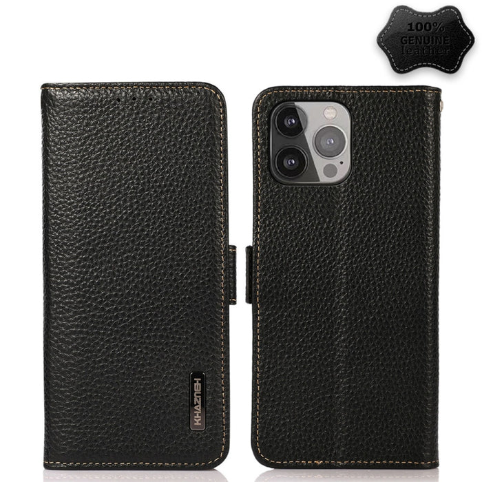 Estuche RFID de cuero genuino Litchi magnético lateral KHAZNEH