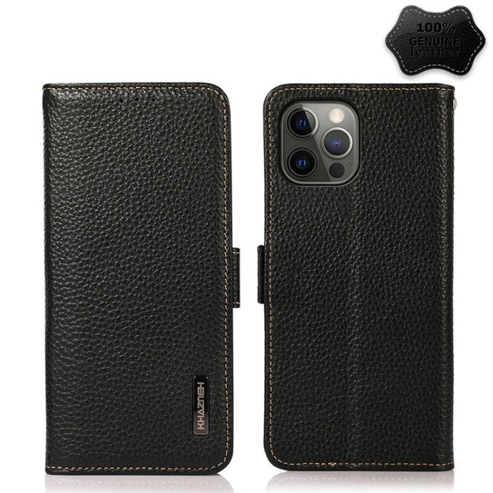 Estuche RFID de cuero genuino Litchi magnético lateral KHAZNEH