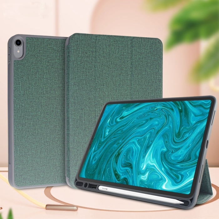 Estuche de cuero Mutural Exquisite Series con textura de tela PU + TPU con soporte de 3 pliegues y ranura para bolígrafo y función de reposo y despertador