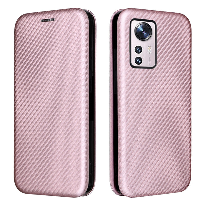 Caja del teléfono de la PU del tirón horizontal magnético de la textura de la fibra de carbono, For Xiaomi 12 Pro