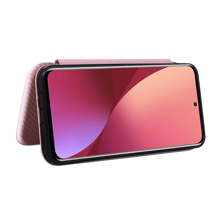 Caja del teléfono de la PU del tirón horizontal magnético de la textura de la fibra de carbono, For Xiaomi 12 Pro