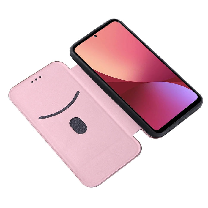 Caja del teléfono de la PU del tirón horizontal magnético de la textura de la fibra de carbono, For Xiaomi 12 Pro