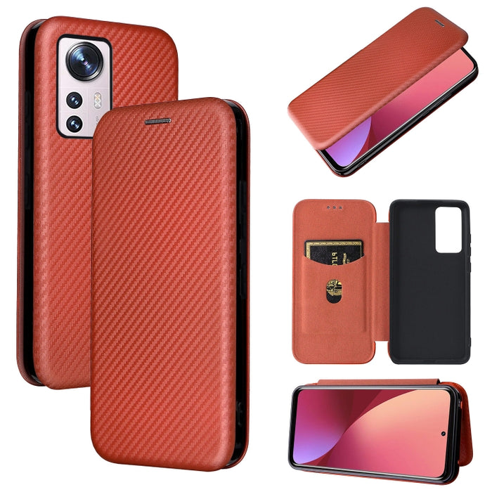 Caja del teléfono de la PU del tirón horizontal magnético de la textura de la fibra de carbono, For Xiaomi 12 Pro