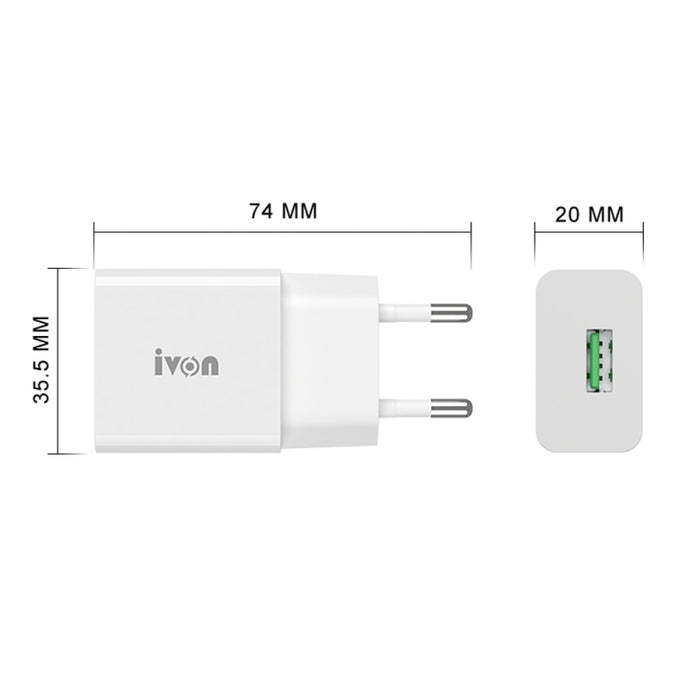 IVON AD-35 2 en 1 18W QC3.0 Puerto USB Cargador de viaje + 1m USB a juego de cables de datos de 8 pines,