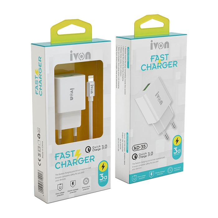 IVON AD-35 2 en 1 18W QC3.0 Puerto USB Cargador de viaje + 1m USB a juego de cables de datos de 8 pines,