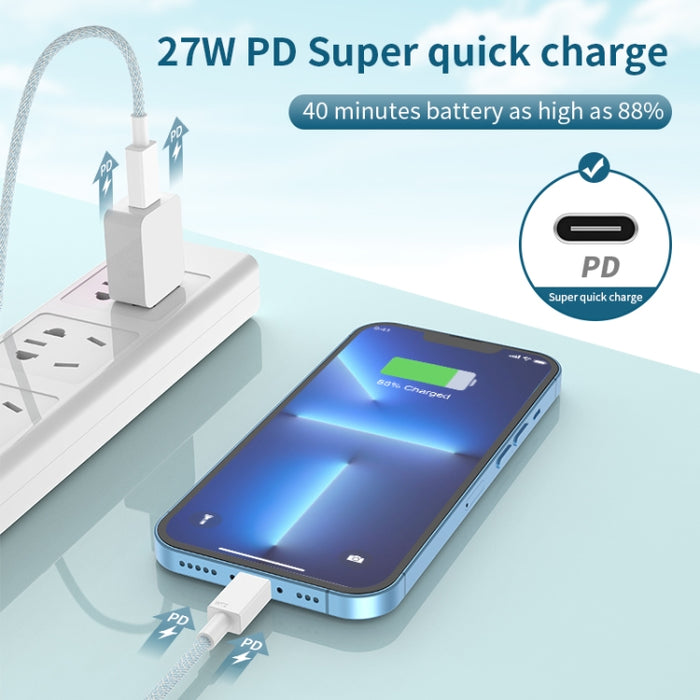 Cable de datos trenzado de carga rápida de 27 W PD USB-C / Type-C a 8 pines, longitud del cable: 1 m
