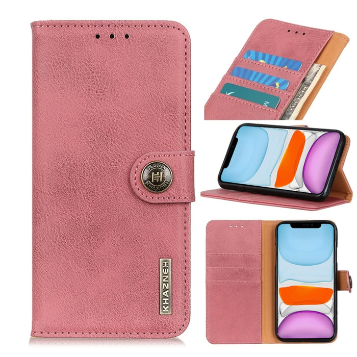 Funda de cuero con tapa horizontal con textura de piel de vaca con soporte y ranuras para tarjetas y billetera