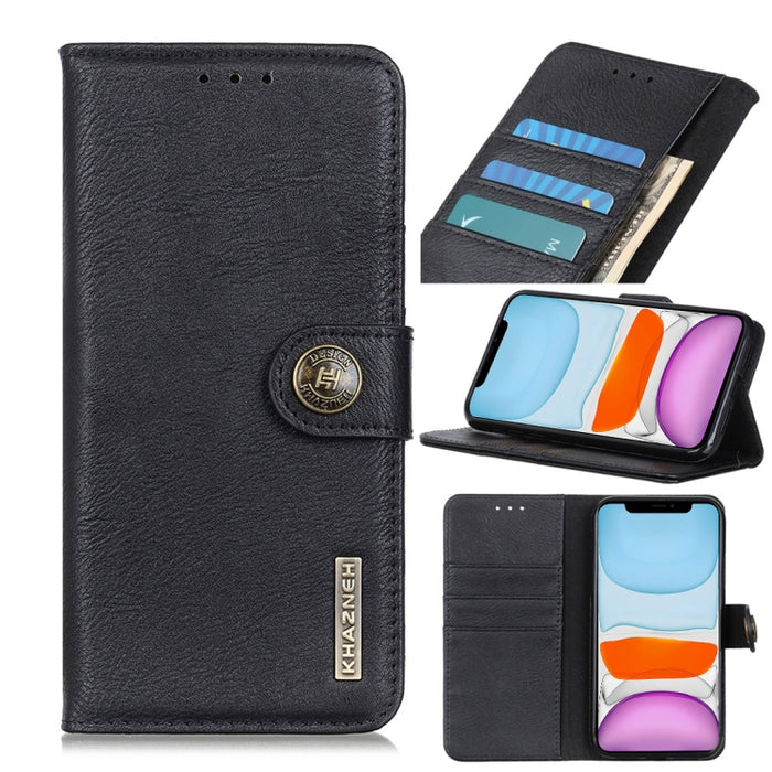 Funda de cuero con tapa horizontal con textura de piel de vaca con soporte y ranuras para tarjetas y billetera