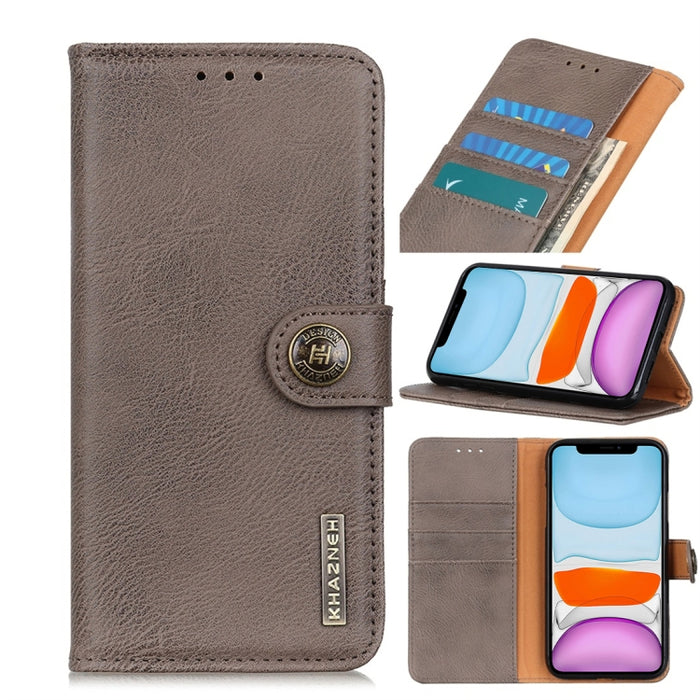 Funda de cuero con tapa horizontal con textura de piel de vaca con soporte y ranuras para tarjetas y billetera