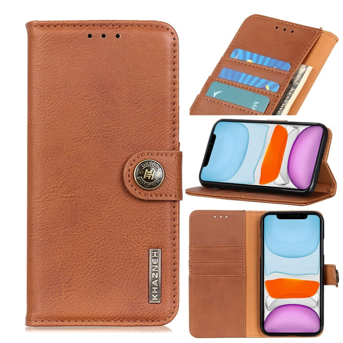 Funda de cuero con tapa horizontal con textura de piel de vaca con soporte y ranuras para tarjetas y billetera