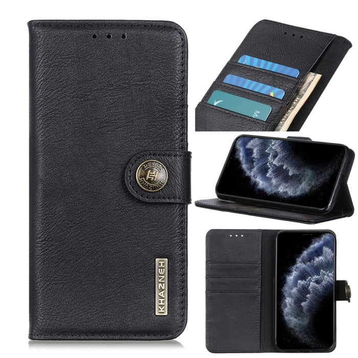 Funda de cuero con tapa horizontal con textura de piel de vaca con soporte y ranuras para tarjetas y billetera