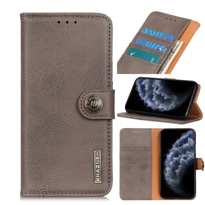 Funda de cuero con tapa horizontal con textura de piel de vaca con soporte y ranuras para tarjetas y billetera