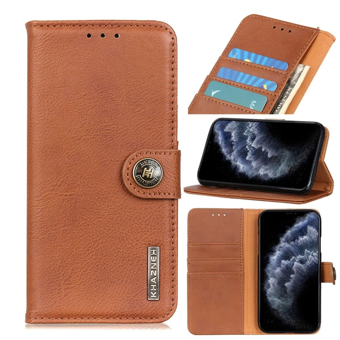 Funda de cuero con tapa horizontal con textura de piel de vaca con soporte y ranuras para tarjetas y billetera