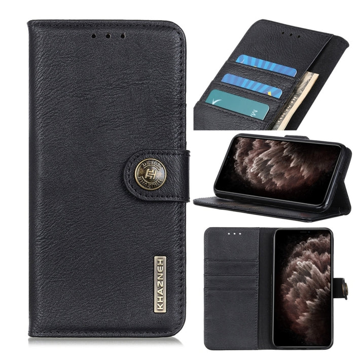 Funda de cuero con tapa horizontal con textura de piel de vaca con soporte y ranuras para tarjetas y billetera