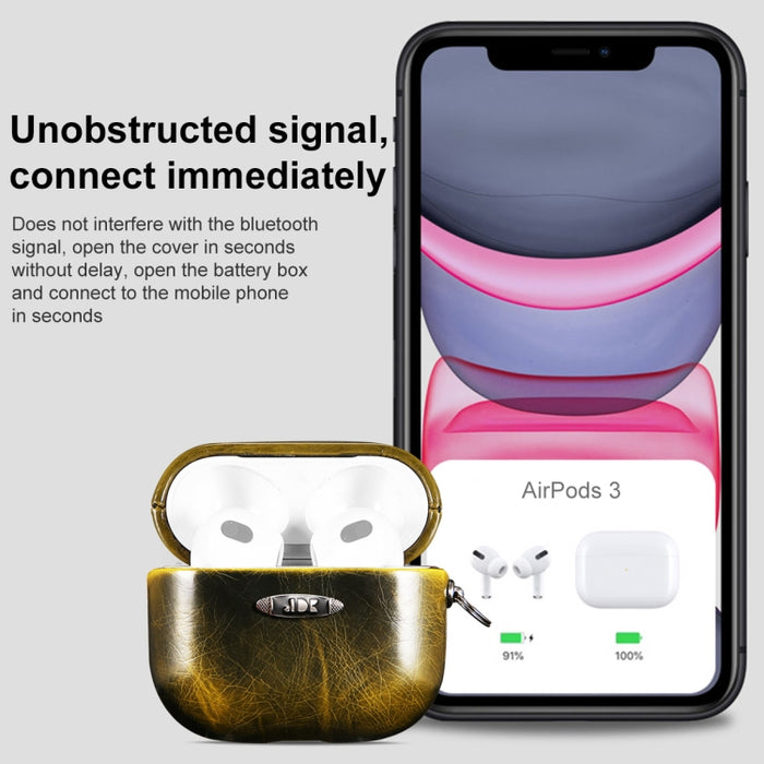 Estuche protector para auriculares con textura de cuero de cera de aceite con hebilla para colgar
