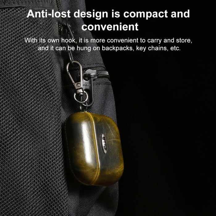 Estuche protector para auriculares con textura de cuero de cera de aceite con hebilla para colgar