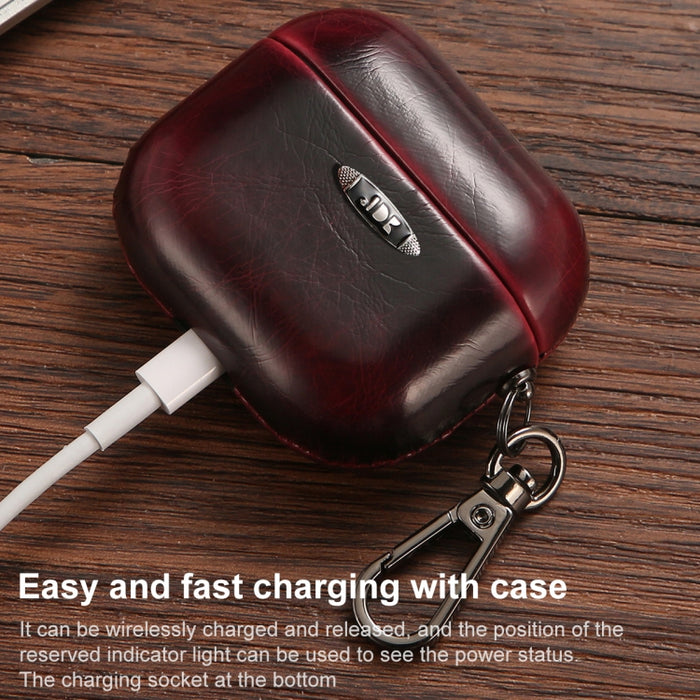 Estuche protector para auriculares con textura de cuero de cera de aceite con hebilla para colgar