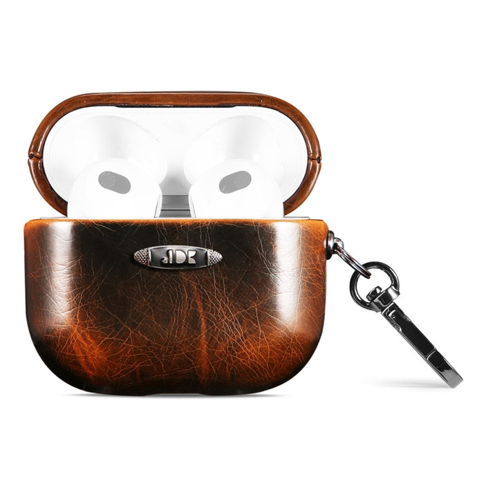 Estuche protector para auriculares con textura de cuero de cera de aceite con hebilla para colgar